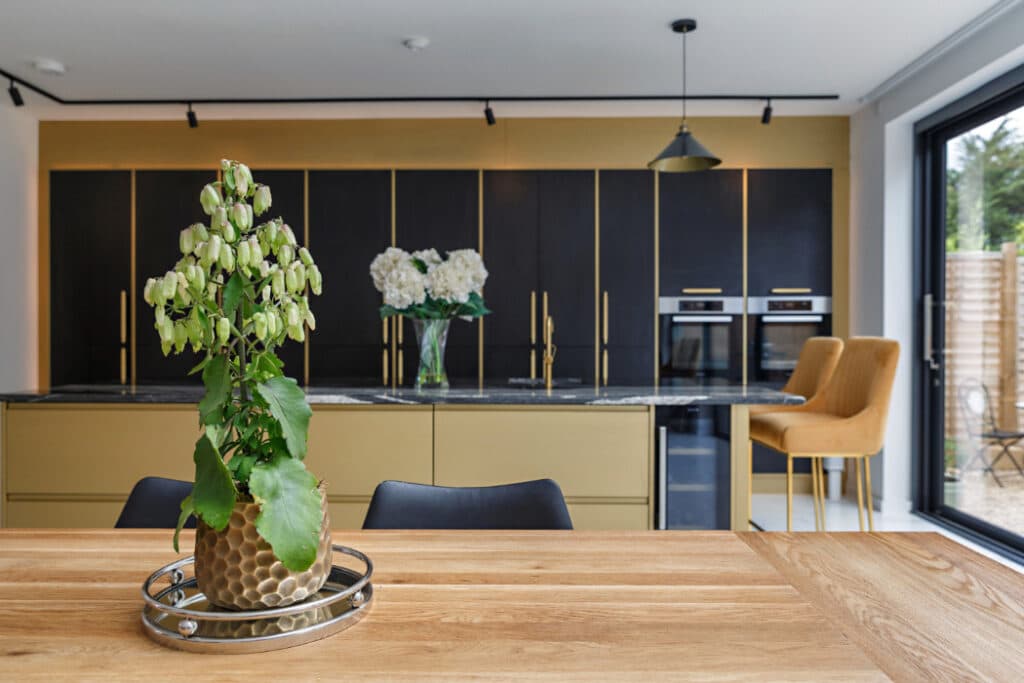 The stylish kitchen adds contrast to the home design