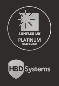A circular logo for Sunflex UK Platinum Distributor is above an HBD Systems logo with shield icon, both on a black background.