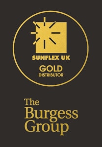 Gold Sunflex UK Gold Distributor emblem above the logo for The Burgess Group, both displayed on a black background.