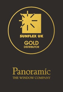 Gold Sunflex UK Distributor badge above "Panoramic The Window Company" text on a black background with gold lettering and graphics.