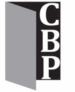 Logo with large white letters "CBP" stacked vertically on a black background, next to a gray, partially open door shape on the left.