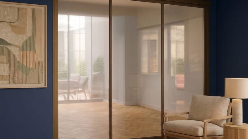 Sunflex SF35 slide-turn doors with wooden frames opening onto a bright interior space with wooden flooring