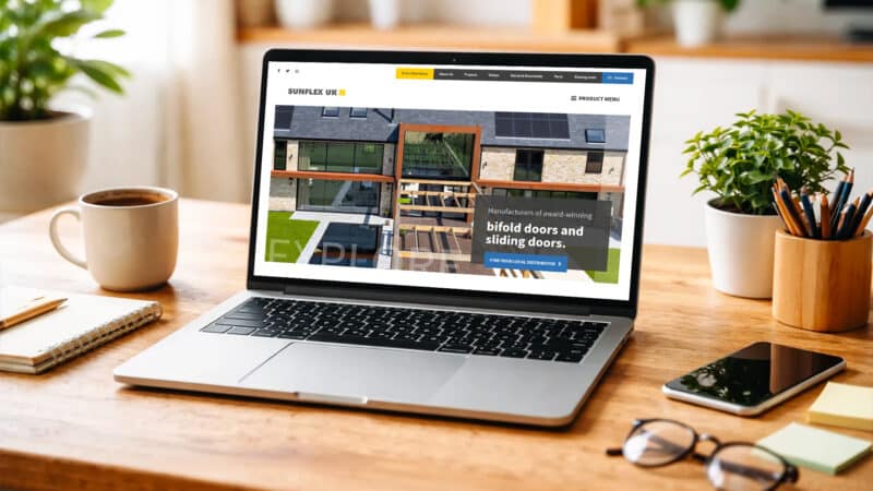 Sunflex UK website homepage displaying bifold and sliding doors on a laptop screen in a workspace setting.