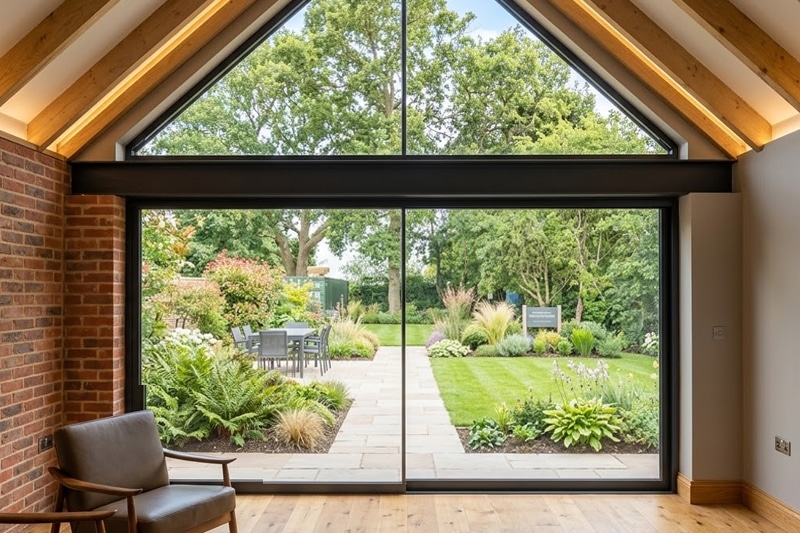 Large black-framed bifold doors opening onto a paved garden with lawn and planted borders.