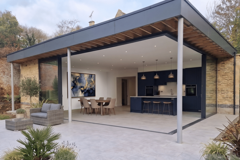 Alühome showroom displaying bifold doors open to reveal kitchen, dining area and outdoor patio space with modern furnishings.